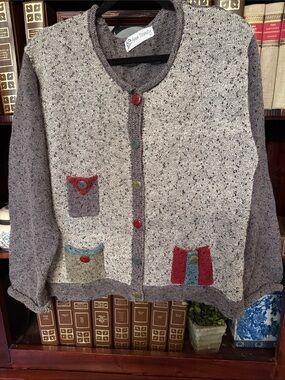 Trinity Cream Speckled Cardigan with Red & Teal Accents. L or xl